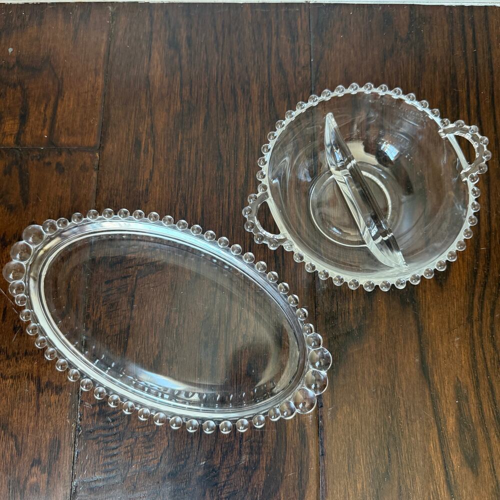 Vintage Imperial Glass Candlewick Relish Dishes Set 2 Beaded Crystal Rim